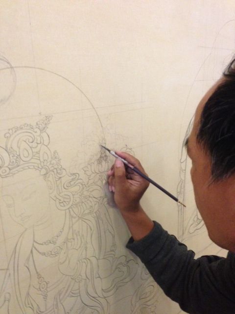 Tashi, a Thangka Master at work in his studio